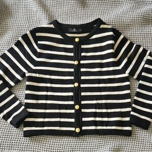 Black and White Striped Cardigan with Gold Buttons